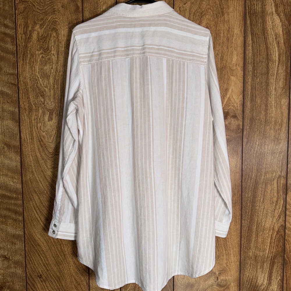 Tahari Beige Striped Linen/Rayon Button Shirt Tunic Top Lagenlook Coastal Chic L - Picture 3 of 5